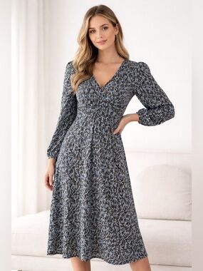 Mango Monochrome Light Blue Gauzy Patterned Long Sleeve Dress